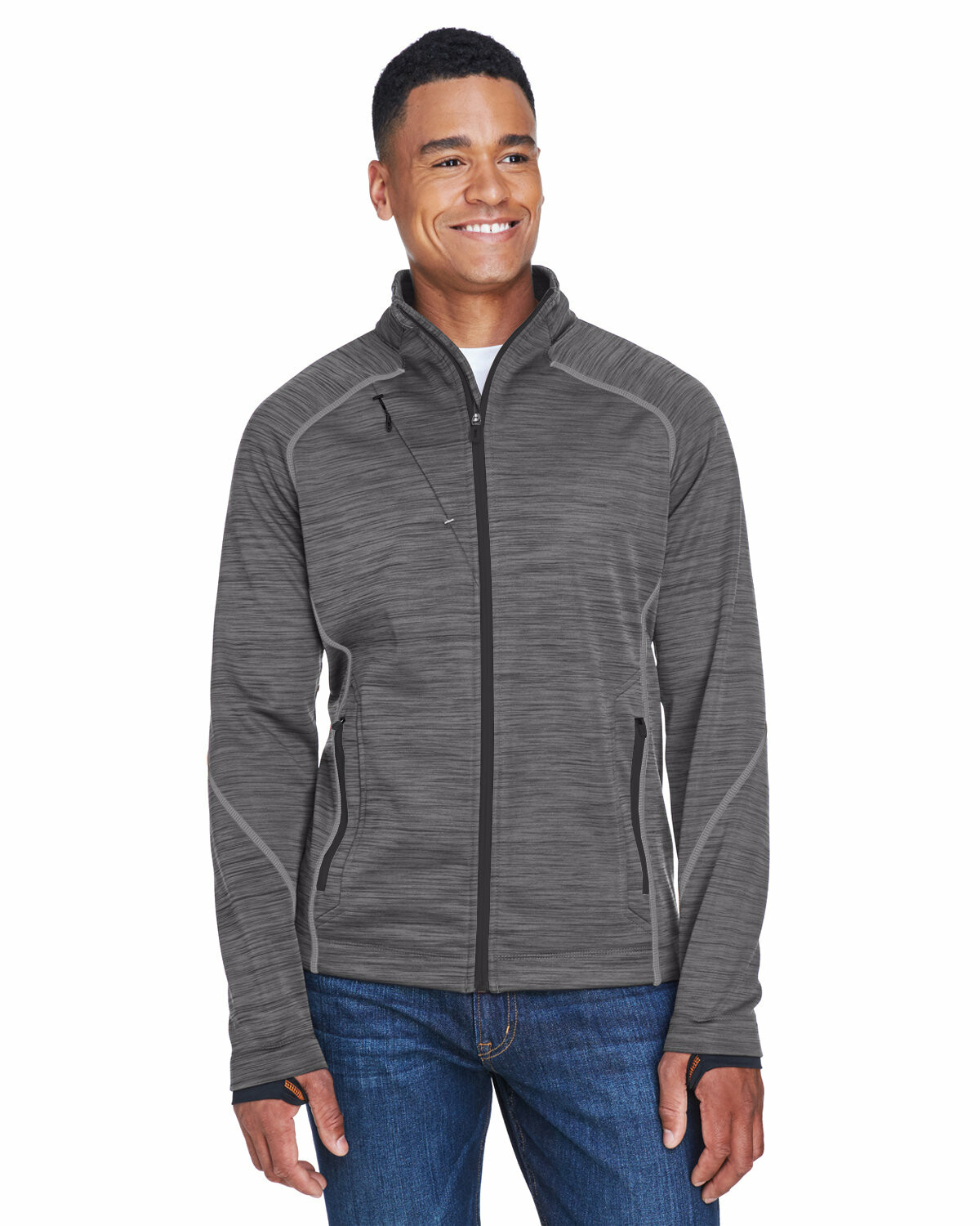 North End 88697 Men Flux Melange Bonded Fleece Jacket CRBN Orng Soda S
